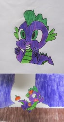 Size: 500x944 | Tagged: safe, artist:and now... a derpibooru user, derpibooru import, spike, dragon, horse play, it ain't easy being breezies, abuse, drawing, food, pumpkin, solo, spikeabuse, tomato, tomatoes