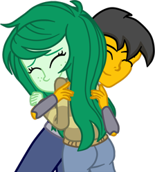 Size: 914x1022 | Tagged: safe, artist:gmaplay, derpibooru import, wallflower blush, oc, oc:saint rider, better together, equestria girls, forgotten friendship, hug, simple background, transparent background, wallflower butt