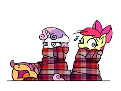 Size: 1800x1350 | Tagged: safe, artist:flutterluv, derpibooru import, apple bloom, scootaloo, sweetie belle, earth pony, pegasus, pony, unicorn, adorable distress, adorabloom, blanket, blanket burrito, clothes, cute, cutealoo, cutie mark crusaders, d:, diasweetes, female, filly, floppy ears, frown, glare, lidded eyes, lying down, mare, open mouth, plaid, plewds, prone, scarf, simple background, struggling, stuck, sweat, sweatdrops, sweetie belle is not amused, transparent background, two toned mane, two toned tail, unamused, unmoving plaid, wide eyes, wrapped up