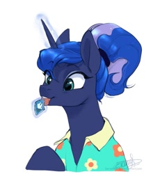 Size: 613x666 | Tagged: safe, artist:rrusha, derpibooru import, princess luna, alicorn, pony, between dark and dawn, clothes, cute, female, hair bun, hawaiian shirt, licking, lunabetes, magic, mare, scene interpretation, shirt, simple background, solo, stamp, telekinesis, tongue out, white background