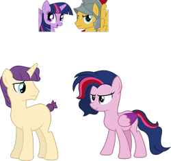 Size: 1754x1649 | Tagged: safe, artist:littlejurnalina, derpibooru import, flash magnus, twilight sparkle, twilight sparkle (alicorn), oc, alicorn, pegasus, pony, unicorn, female, male, mare, offspring, parent:flash magnus, parent:twilight sparkle, simple background, stallion, transparent background