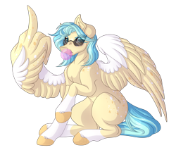 Size: 3858x3288 | Tagged: safe, artist:amazing-artsong, derpibooru import, oc, pegasus, pony, bubblegum, female, food, gum, mare, middle feather, middle finger, simple background, solo, sunglasses, transparent background, two toned wings, vulgar, wing hands, wings