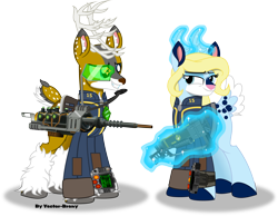 Size: 6328x4904 | Tagged: safe, artist:vector-brony, derpibooru import, oc, oc only, oc:spirit, oc:tyandaga, deer, fallout equestria, absurd resolution, applejack rangers logo, clothes, glow, glowing horn, gun, horn, jacket, levitation, magic, rifle, simple background, stable jumpsuit, telekinesis, transparent background, tyandaga rifle, weapon