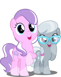 Size: 3946x5000 | Tagged: safe, artist:dashiesparkle edit, artist:parclytaxel, derpibooru import, edit, edited edit, editor:slayerbvc, diamond tiara, silver spoon, crusaders of the lost mark, .svg available, absurd resolution, accessory-less edit, adorabullies, cute, glasses, missing accessory, raised hoof, simple background, smiling, socks (coat marking), transparent background, vector, vector edit