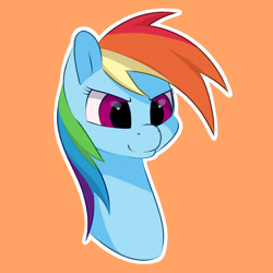 Size: 1500x1500 | Tagged: safe, artist:aquaticvibes, derpibooru import, rainbow dash, pegasus, pony, bust, female, mare, orange background, portrait, simple background, solo, white outline