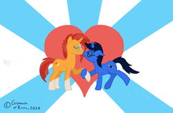 Size: 3171x2082 | Tagged: safe, artist:grymnoire, derpibooru import, sunburst, oc, oc:deep delver, pony, unicorn, female, hearts and hooves day, holding hooves, kissing, male, mare, shipping, stallion, straight