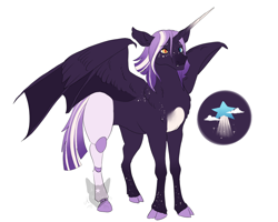 Size: 1280x1024 | Tagged: safe, artist:arexstar, derpibooru import, oc, oc:stardust, alicorn, bat pony, bat pony alicorn, pony, amputee, bat wings, cloven hooves, heterochromia, horn, magical lesbian spawn, offspring, parent:derpy hooves, parent:tempest shadow, parents:derpest, prosthetic leg, prosthetic limb, prosthetics, simple background, solo, white background, wings
