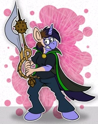 Size: 1625x2048 | Tagged: safe, artist:sketchymouse, derpibooru import, oc, oc only, oc:deep delver, human, unicorn, artifact, cape, clothes, curse, dungeons and dragons, female, hooves, horn, human to pony, male, male to female, mare, muzzle, pen and paper rpg, rpg, rule 63, sword, tail, transformation, transgender transformation, weapon