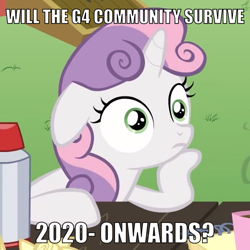 Size: 500x500 | Tagged: safe, derpibooru import, edit, edited screencap, screencap, sweetie belle, pony, unicorn, ponyville confidential, 2020, caption, cropped, exploitable meme, female, filly, floppy ears, horn, image macro, meme, obligatory pony, solo, sudden clarity sweetie belle, text, two toned mane, two toned tail, white coat, wide eyes