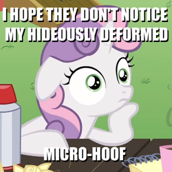 Size: 500x500 | Tagged: safe, derpibooru import, screencap, sweetie belle, pony, unicorn, ponyville confidential, animation error, caption, cropped, exploitable meme, female, filly, horn, image macro, meme, obligatory pony, solo, sudden clarity sweetie belle, text, two toned mane, two toned tail, white coat, wide eyes