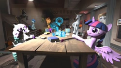 Size: 1280x720 | Tagged: safe, artist:horsesplease, derpibooru import, party favor, twilight sparkle, twilight sparkle (alicorn), alicorn, robot, unicorn, 3d, book, doggie favor, fire, galarian ponyta, giddyup buttercup, gmod, holocron, hologram, jedi holocron, pokémon, ponyta, sword, weapon