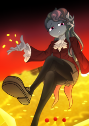 Size: 2600x3700 | Tagged: safe, artist:geraritydevillefort, derpibooru import, rainbow dash, equestria girls, broadway, clothes, crossed legs, crossover, edmond dantes, gold, high res, musical, pants, rainbow dantes, solo, the count of monte cristo, the count of monte rainbow