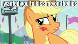 Size: 1920x1080 | Tagged: safe, derpibooru import, edit, edited screencap, screencap, applejack, earth pony, pony, the mane attraction, caption, female, hoofsies, image macro, mare, solo, text