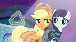 Size: 1920x1080 | Tagged: safe, derpibooru import, screencap, applejack, coloratura, earth pony, pony, the mane attraction, female, mare, triangle