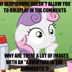 Size: 500x500 | Tagged: safe, derpibooru import, edit, edited screencap, screencap, sweetie belle, pony, unicorn, ponyville confidential, caption, cropped, derpibooru, exploitable meme, female, filly, floppy ears, hoof on chin, horn, image macro, impact font, meme, meta, obligatory pony, solo, sudden clarity sweetie belle, text, two toned mane, two toned tail, white coat, wide eyes