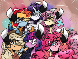 Size: 1020x778 | Tagged: safe, artist:jxst-starly, artist:jxst_star_draws, derpibooru import, applejack, fluttershy, pinkie pie, rainbow dash, rarity, twilight sparkle, alicorn, butterfly, earth pony, pegasus, pony, unicorn, confetti, cowboy hat, crown, goggles, group shot, hat, jewelry, mane six, next gen: the journey of lightning, regalia