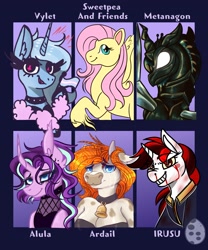 Size: 1707x2048 | Tagged: safe, artist:banoodle, derpibooru import, fluttershy, queen chrysalis, starlight glimmer, trixie, oc, oc:blackjack, oc:upsetti spaghetti, anthro, changeling, changeling queen, cow, pony, unicorn, fallout equestria, fallout equestria: project horizons, clothes, female, meta, pride flag, style emulation, trans trixie, transgender, twitter, twitter link