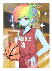 Size: 1022x1401 | Tagged: safe, artist:ceitama, derpibooru import, rainbow dash, equestria girls, basketball, cute, dashabetes, delicious flat chest, rainbow flat, solo, sports