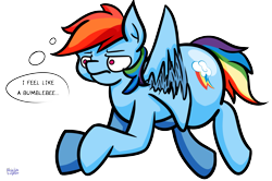 Size: 3075x2039 | Tagged: safe, artist:khaki-cap, derpibooru import, rainbow dash, pegasus, pony, bumblebee, butt, canon, cutie mark, digital art, fat ass, flying, frown, huge butt, large butt, mane, rainbutt dash, signature, simple background, tail, text, the ass was fat, thicc ass, thought bubble, transparent background, wings