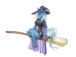 Size: 1400x1052 | Tagged: safe, artist:baron engel, color edit, derpibooru import, edit, trixie, anthro, unguligrade anthro, unicorn, broom, cape, clothes, colored, colored hooves, female, flying, flying broomstick, halloween, hat, holiday, mare, pencil drawing, simple background, solo, traditional art, transparent background, trixie's cape, trixie's hat, witch