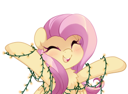 Size: 1353x1000 | Tagged: safe, artist:loyaldis, derpibooru import, fluttershy, pegasus, pony, blushing, bust, chest fluff, christmas, christmas lights, cute, eyes closed, female, happy, holiday, hooves out, mare, open mouth, shyabetes, simple background, smiling, solo, three quarter view, transparent background, wings