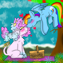 Size: 2048x2048 | Tagged: safe, artist:artmama113, derpibooru import, rainbow dash, oc, pegasus, pony, unicorn, basket, blushing, canon x oc, duo, eyes closed, female, flying, heart, horn, jewelry, mare, outdoors, picnic basket, picnic blanket, ring, tail, tail ring, tree, unicorn oc