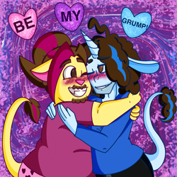 Size: 2048x2048 | Tagged: safe, artist:artmama113, derpibooru import, oc, oc only, anthro, unicorn, abstract background, blushing, clothes, gay, grin, heart, horn, hug, male, oc x oc, one eye closed, shipping, smiling, unicorn oc, wink