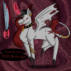 Size: 2048x2048 | Tagged: safe, artist:artmama113, derpibooru import, oc, oc only, oc:yaoilover, alicorn, bat pony, bat pony alicorn, pony, bat pony oc, bat wings, choker, curved horn, ear piercing, female, glowing horn, hat, horn, magic, mare, piercing, sharp teeth, solo, spiked choker, sword, teeth, telekinesis, unshorn fetlocks, weapon, wings