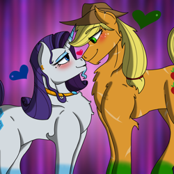 Size: 2048x2048 | Tagged: safe, artist:artmama113, derpibooru import, applejack, rarity, earth pony, pony, unicorn, abstract background, blushing, chest fluff, choker, female, freckles, hat, heart, lesbian, looking at each other, makeup, mare, rarijack, shipping, smiling