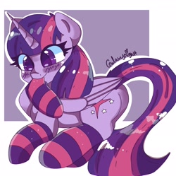 Size: 1920x1909 | Tagged: safe, artist:galaxynightt, derpibooru import, twilight sparkle, twilight sparkle (alicorn), alicorn, pony, abstract background, blushing, clothes, colored pupils, cute, female, lying down, mare, mouth hold, prone, socks, solo, striped socks, twiabetes, white ooutline