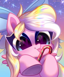 Size: 3300x4000 | Tagged: safe, artist:rrd-artist, derpibooru import, oc, oc only, oc:bay breeze, pegasus, pony, big eyes, bow, candy, candy cane, chibi, commission, cute, female, food, hair bow, heart eyes, mare, ocbetes, tongue out, underhoof, weapons-grade cute, wingding eyes, ych result