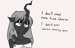 Size: 1128x720 | Tagged: safe, artist:smol_andriusha, derpibooru import, queen chrysalis, anthro, changeling, changeling queen, bust, clothes, female, grayscale, lidded eyes, monochrome, solo, talking