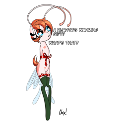 Size: 1900x1900 | Tagged: safe, alternate version, artist:plaguemare, derpibooru import, oc, oc only, oc:chip breeze, breezie, antennae, big eyes, body markings, bondage, bow, breezie oc, christmas, clothes, dialogue, garters, gift wrapped, hearth's warming eve, holiday, offscreen character, ribbon, short hair, short mane, short tail, simple background, socks, thigh garters, thigh highs, white background, wings