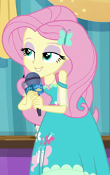 Size: 539x860 | Tagged: safe, derpibooru import, screencap, fluttershy, best in show: the pre-show, better together, equestria girls, cropped, microphone, solo