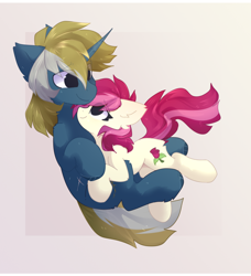Size: 1348x1480 | Tagged: safe, artist:little-sketches, derpibooru import, roseluck, oc, oc only, oc:wooded bastion, abstract background, canon x oc, cuddling, looking at each other