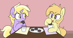 Size: 1942x1034 | Tagged: safe, artist:pestil, artist:shinodage, dinky hooves, noi, earth pony, pony, unicorn, best friends, cookie, dexterous hooves, duo, duo female, female, filly, food, hoof hold, horn, milk, oreo, table, tongue out
