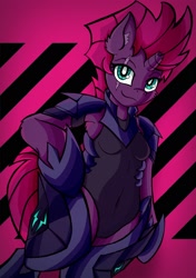 Size: 1444x2048 | Tagged: safe, alternate version, artist:canvymamamoo, tempest shadow, anthro, unicorn, abstract background, arm hooves, armor, belly button, breasts, broken horn, ear fluff, eye scar, female, hoof shoes, horn, mare, scar, smiling, solo