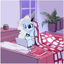Size: 1791x1800 | Tagged: safe, artist:little-sketches, derpibooru import, oc, oc only, pony, bed, blanket, chest fluff, collar, computer, eye clipping through hair, female, horns, laptop computer, mare, solo