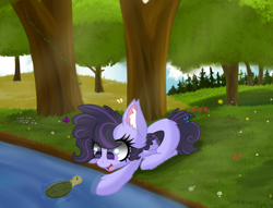 Size: 5742x4386 | Tagged: safe, artist:windy-pony, derpibooru import, oc, oc only, oc:butterfly kiss, butterfly, pegasus, pony, turtle, colored wings, cute, ear fluff, female, filly, grass, lying down, multicolored wings, outdoors, prone, scenery, solo, tree, water, wings