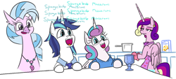 Size: 1182x536 | Tagged: safe, artist:jargon scott, derpibooru import, edit, princess cadance, princess flurry heart, shining armor, silverstream, alicorn, classical hippogriff, hippogriff, pony, unicorn, :d, apron, bipedal, bust, cadance is not amused, chalice, clothes, cooking, cute, daughters gonna daughter, father and child, father and daughter, fathers gonna father, female, flurrybetes, food, glasses, housewife, husband and wife, jewelry, kitchen, like father like daughter, like parent like child, macaroni, male, mare, mother and child, mother and daughter, necklace, necktie, nerd, nerdy heart, older, older flurry heart, oven mitts, parent and child, pasta, shining adorable, simple background, smiling, stallion, sweater, unamused, white background, wholesome