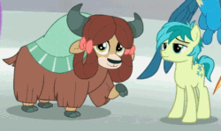 Size: 561x335 | Tagged: safe, derpibooru import, screencap, gallus, sandbar, yona, earth pony, griffon, pony, yak, the ending of the end, animated, bow, cloven hooves, cropped, female, gif, hair bow, holding hooves, lidded eyes, looking at each other, male, monkey swings, shipping, smiling, straight, yonabar