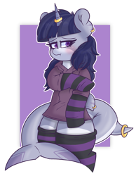 Size: 3011x3881 | Tagged: safe, artist:retro_hearts, derpibooru import, oc, oc only, oc:sparkling whitefin, original species, shark, shark pony, bipedal, blushing, clothes, jewelry, ring, shy, simple background, socks, striped socks, white background