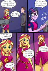 Size: 2250x3300 | Tagged: safe, artist:caiman2, derpibooru import, sci-twi, sunset shimmer, twilight sparkle, oc, human, equestria girls, spring breakdown, clothes, dialogue, female, giantess, glasses, hands in pockets, hoodie, legs, lidded eyes, looking at you, looking down, macro, offscreen character, pockets, pov, raised eyebrows, shrink ray, shrinking, smiling, word bubble