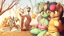 Size: 3840x2160 | Tagged: safe, artist:ohemo, derpibooru import, applejack, bon bon, lyra heartstrings, rainbow dash, sweetie drops, winona, bird, dog, duck, earth pony, pegasus, pony, semi-anthro, unicorn, autumn, bench, clothes, female, holding hooves, jacket, lamppost, leaf, leaves, lesbian, lyrabon, mare, mouth hold, scarf, shipping, sitting, smiling, statue, sweater, tongue out