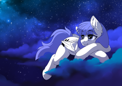 Size: 3508x2480 | Tagged: safe, artist:arctic-fox, derpibooru import, oc, oc only, oc:snow pup, pegasus, pony, cloud, cloudy, crossed arms, female, folded wings, galaxy, laying on a cloud, looking away, lying down, mare, night, on a cloud, pegasus oc, smiling, solo, stars, wings