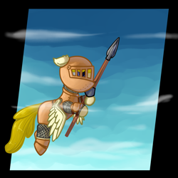 Size: 1200x1200 | Tagged: safe, artist:neuro, derpibooru import, oc, oc only, oc:artemis sparkshower, pegasus, fanfic:everyday life with guardsmares, armor, chainmail, cloud, everyday life with guardsmares, female, flying, guardsmare, mare, pegasus oc, plate armor, royal guard, solo, spear, weapon, wings