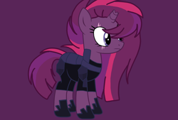 Size: 1850x1250 | Tagged: safe, artist:circuspaparazzi5678, derpibooru import, oc, oc only, oc:shadow dusk, pony, unicorn, armored pony, base used, broken horn, clothes, female, horn, magical lesbian spawn, mare, offspring, parent:tempest shadow, parent:twilight sparkle, parents:tempestlight, purple background, simple background, solo