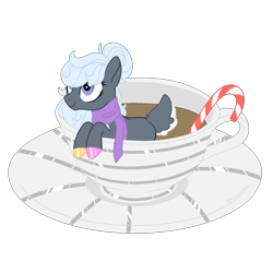 Size: 1700x1700 | Tagged: safe, artist:katelynleeann42, derpibooru import, oc, oc:cuddles, earth pony, pony, candy, candy cane, clothes, cup, cup of pony, deer tail, female, food, mare, micro, scarf, simple background, solo, transparent background