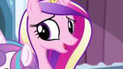 Size: 1280x720 | Tagged: safe, derpibooru import, screencap, princess cadance, princess flurry heart, alicorn, pony, the crystalling, female, mare, open mouth, smiling, solo focus