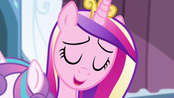 Size: 1280x720 | Tagged: safe, derpibooru import, screencap, princess cadance, princess flurry heart, alicorn, pony, the crystalling, eyes closed, female, mare, smiling, solo focus